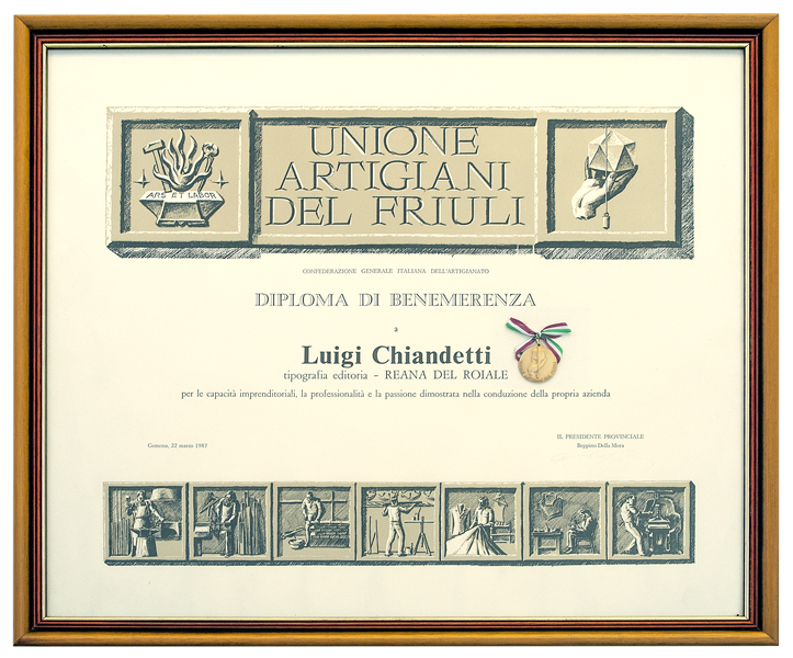 Diploma di benemerenza ricevuto da Unione Artigiani di Udine