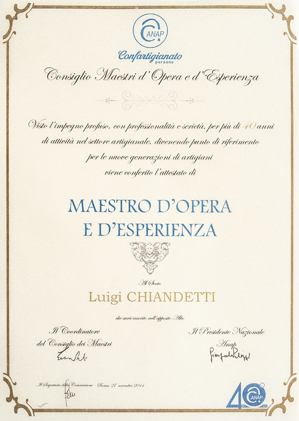 attestato di “Maestro d'Opera e d'Esperienza”