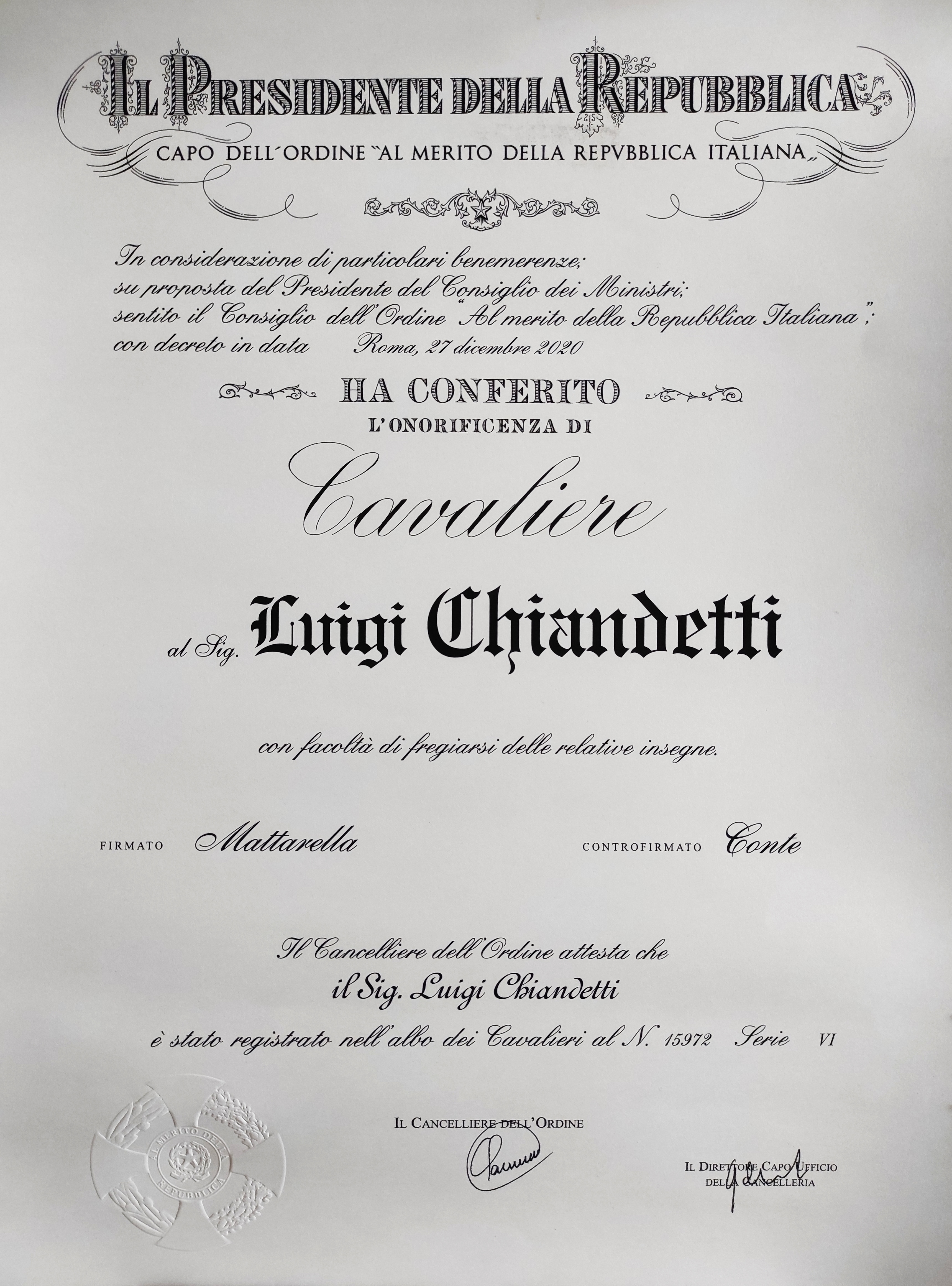 “Cavaliere dell’Ordine al Merito della Repubblica Italiana”